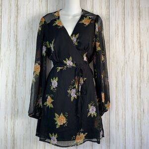 Urban Outfitters Black Floral Wrap Dress w/Sheer balloon Sleeves S Medium NWOT